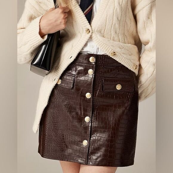 NWT J CREW Collection mini skirt croc-embellished faux leather in Midnight Brown - Picture 3 of 7